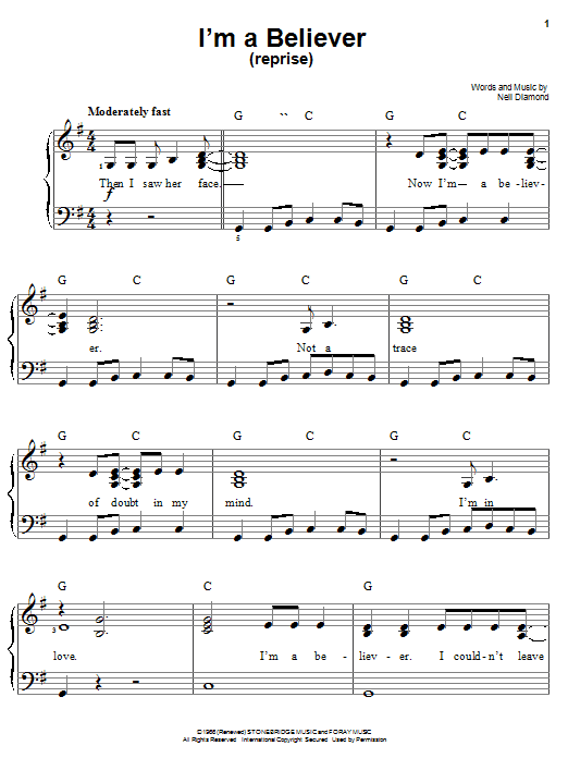 Smash Mouth I'm A Believer (Reprise) sheet music notes and chords arranged for Easy Piano
