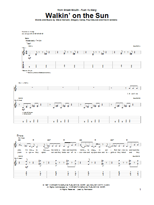 Smash Mouth Walkin' On The Sun sheet music notes and chords arranged for Piano, Vocal & Guitar Chords (Right-Hand Melody)
