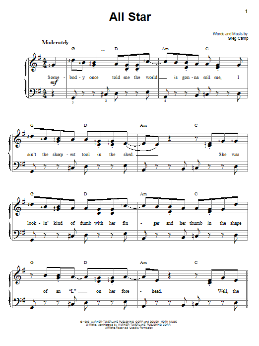 Smash Mouth All Star sheet music notes and chords. Download Printable PDF.