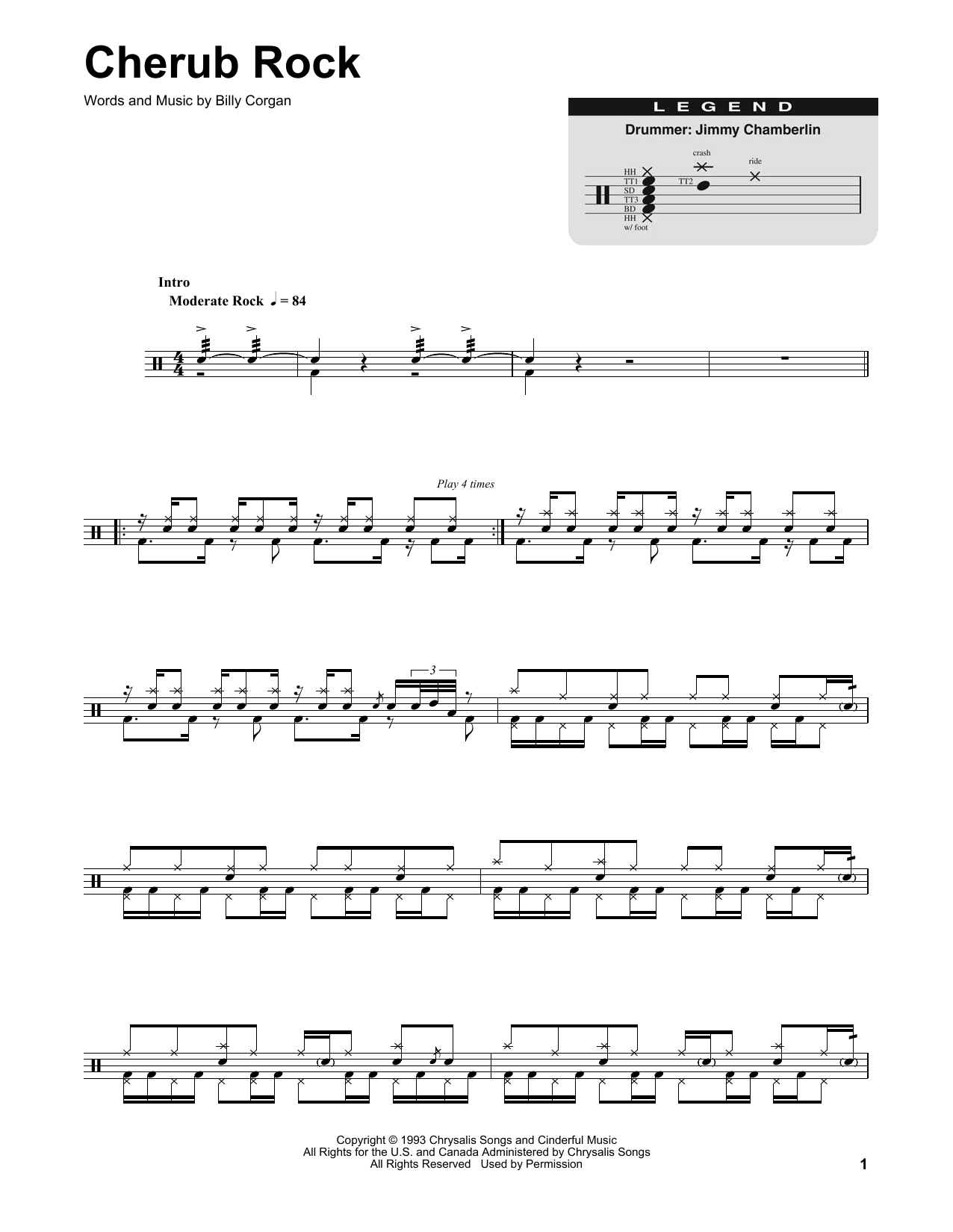Smashing Pumpkins Cherub Rock sheet music notes and chords arranged for Drums Transcription