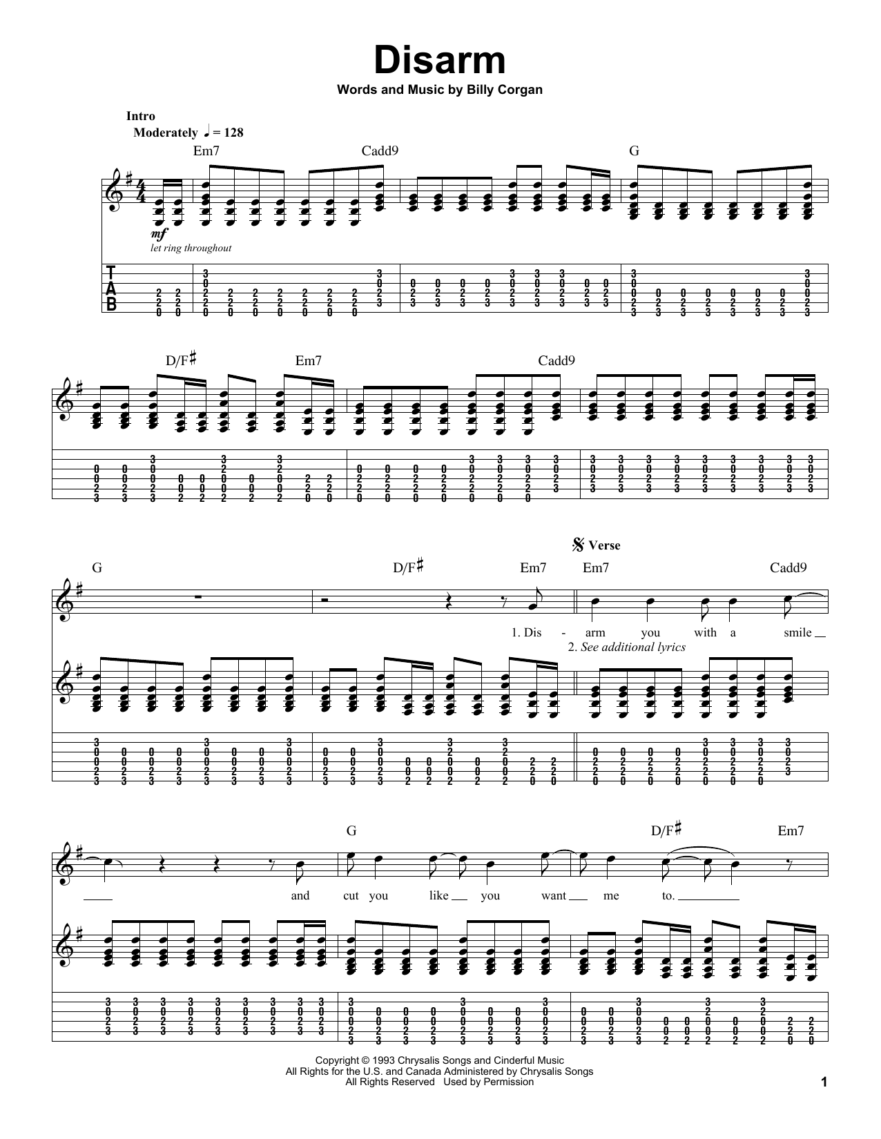 Smashing Pumpkins Disarm sheet music notes and chords arranged for Guitar Tab (Single Guitar)