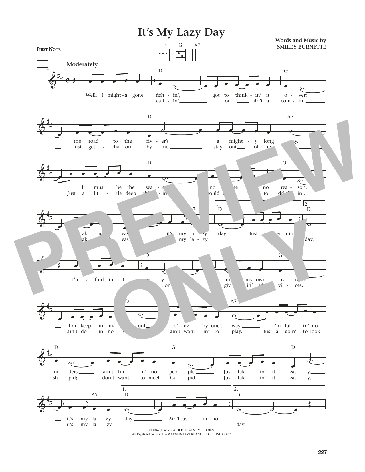 Smiley Burnette It's My Lazy Day (from The Daily Ukulele) (arr. Jim Beloff) sheet music notes and chords arranged for Ukulele