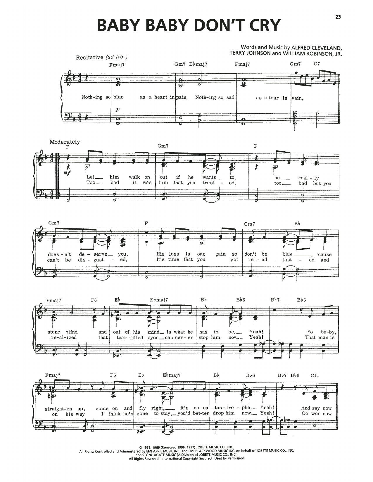 Smokey Robinson & The Miracles Baby Baby Don't Cry sheet music notes and chords arranged for Piano, Vocal & Guitar Chords (Right-Hand Melody)