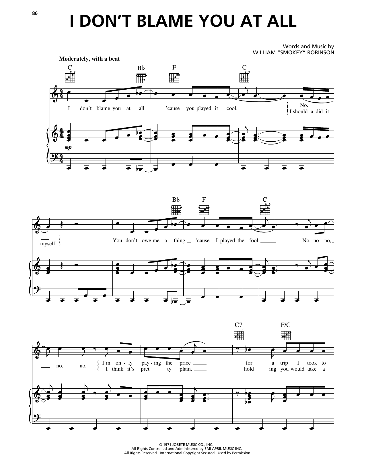 Smokey Robinson & The Miracles I Don't Blame You At All sheet music notes and chords arranged for Piano, Vocal & Guitar Chords (Right-Hand Melody)