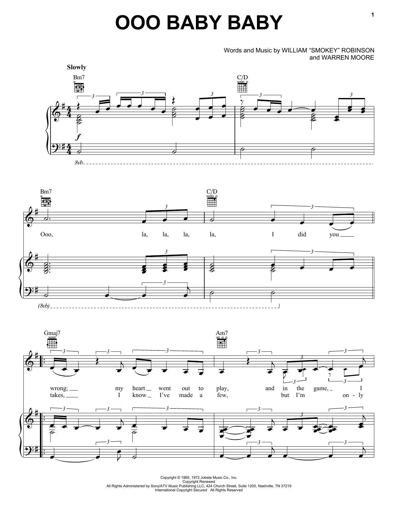 Smokey Robinson & The Miracles Ooo Baby Baby sheet music notes and chords arranged for Easy Guitar