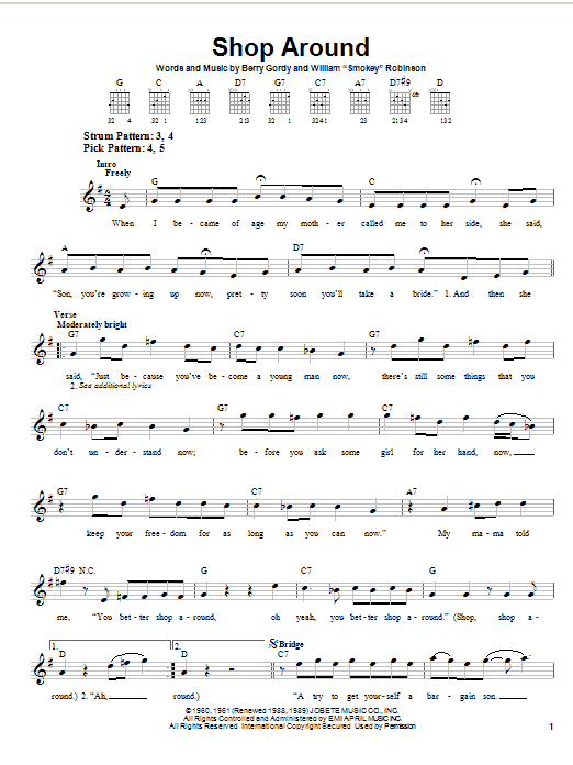 Smokey Robinson & The Miracles Shop Around sheet music notes and chords arranged for Bass Guitar Tab