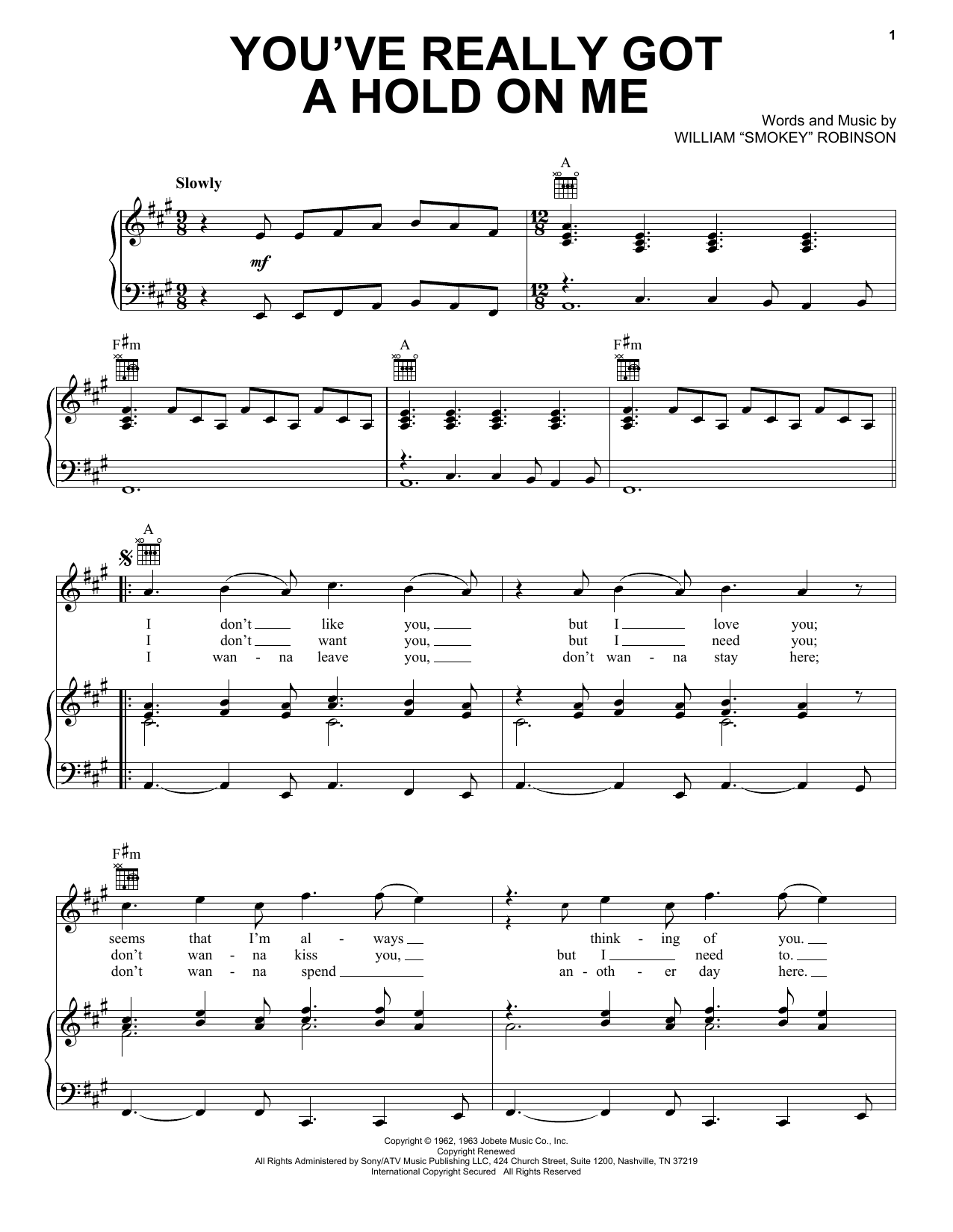 Smokey Robinson & The Miracles You've Really Got A Hold On Me sheet music notes and chords arranged for Piano, Vocal & Guitar Chords (Right-Hand Melody)