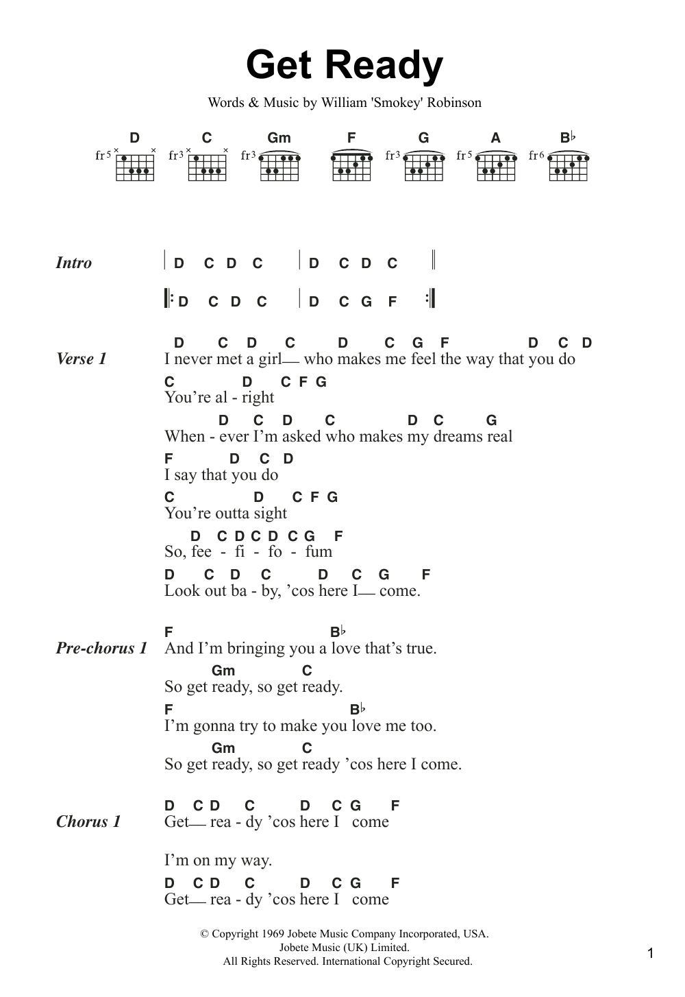 Smokey Robinson Get Ready sheet music notes and chords arranged for Guitar Chords/Lyrics