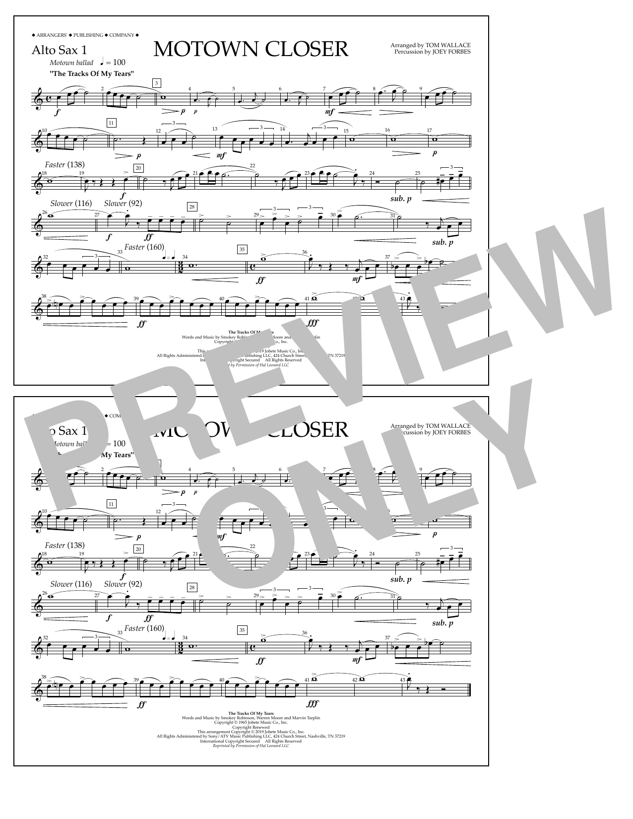 Smokey Robinson Motown Closer (arr. Tom Wallace) - Alto Sax 1 sheet music notes and chords arranged for Marching Band