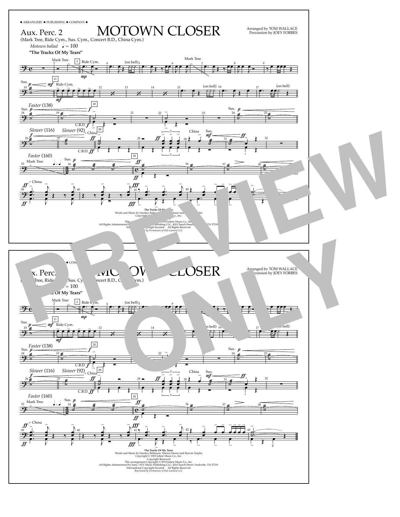 Smokey Robinson Motown Closer (arr. Tom Wallace) - Aux. Perc. 2 sheet music notes and chords arranged for Marching Band