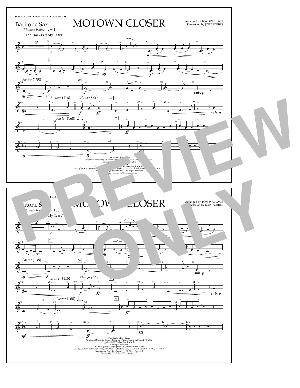 Smokey Robinson Motown Closer (arr. Tom Wallace) - Baritone Sax sheet music notes and chords arranged for Marching Band