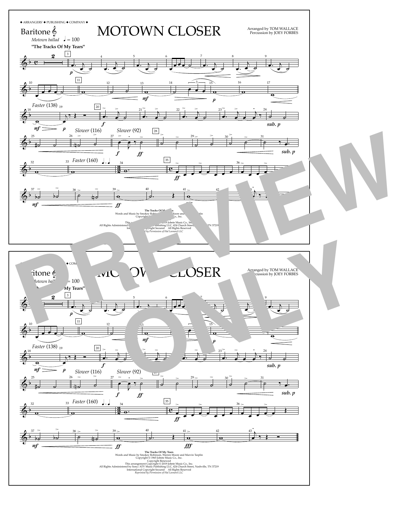 Smokey Robinson Motown Closer (arr. Tom Wallace) - Baritone T.C. sheet music notes and chords arranged for Marching Band