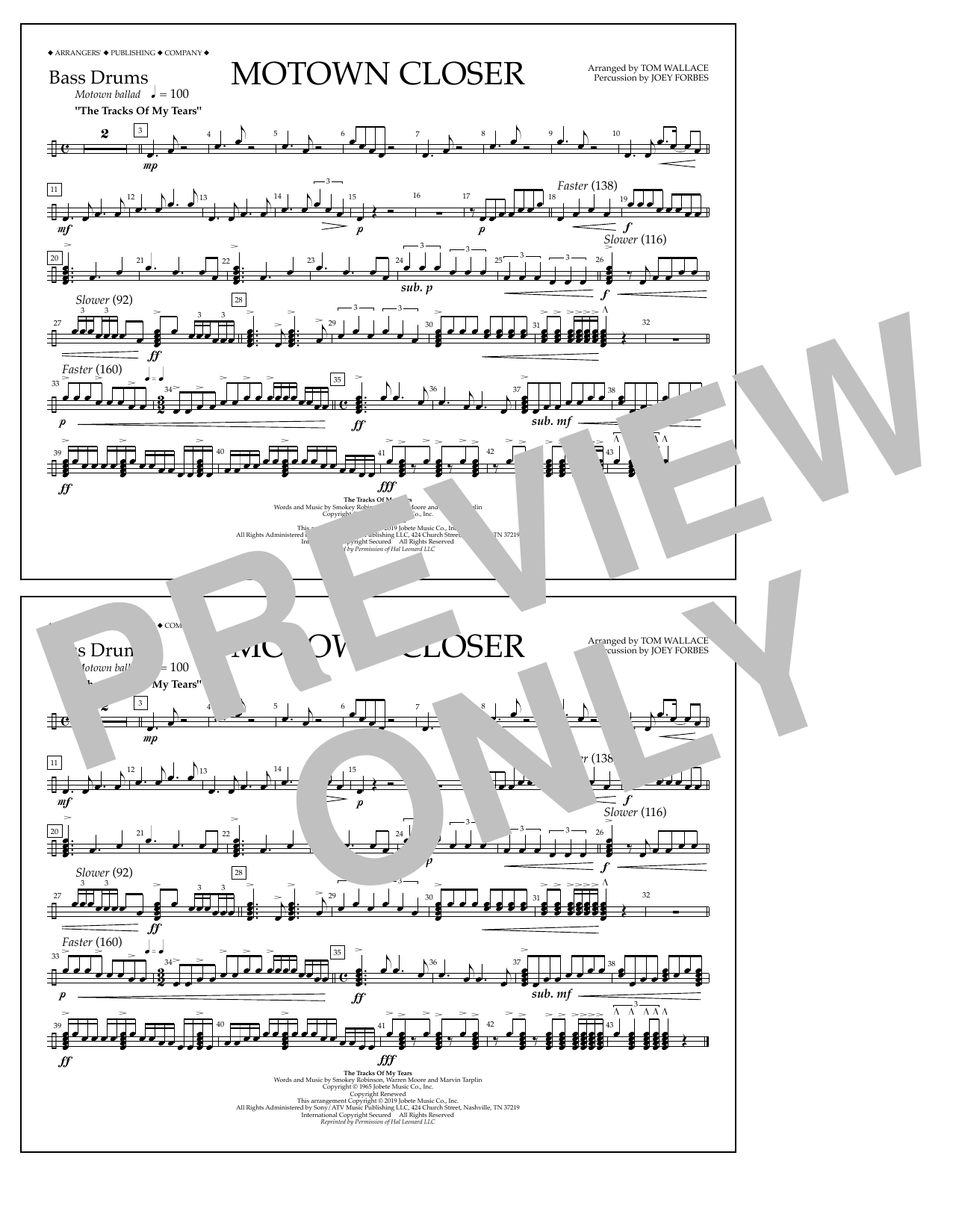 Smokey Robinson Motown Closer (arr. Tom Wallace) - Bass Drums sheet music notes and chords arranged for Marching Band