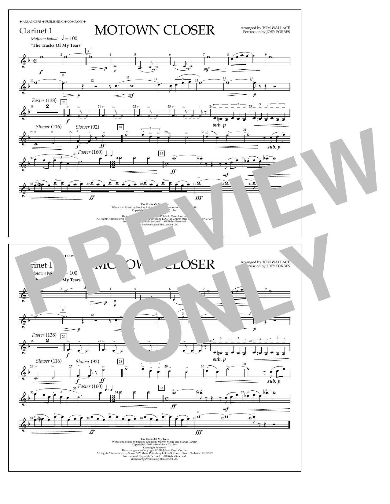 Smokey Robinson Motown Closer (arr. Tom Wallace) - Clarinet 1 sheet music notes and chords arranged for Marching Band