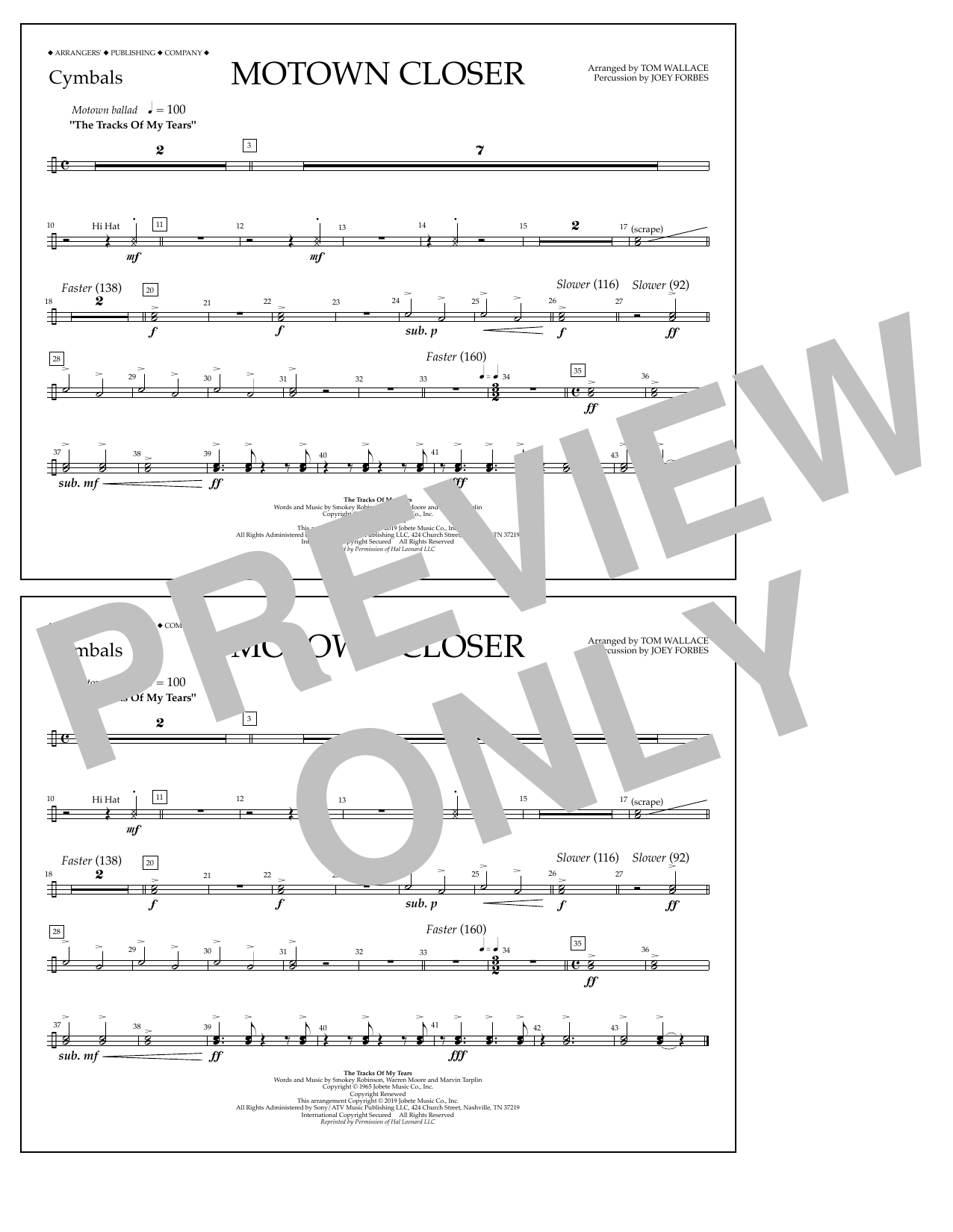 Smokey Robinson Motown Closer (arr. Tom Wallace) - Cymbals sheet music notes and chords arranged for Marching Band