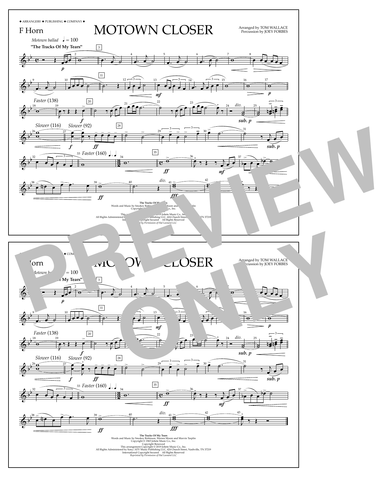 Smokey Robinson Motown Closer (arr. Tom Wallace) - F Horn sheet music notes and chords arranged for Marching Band