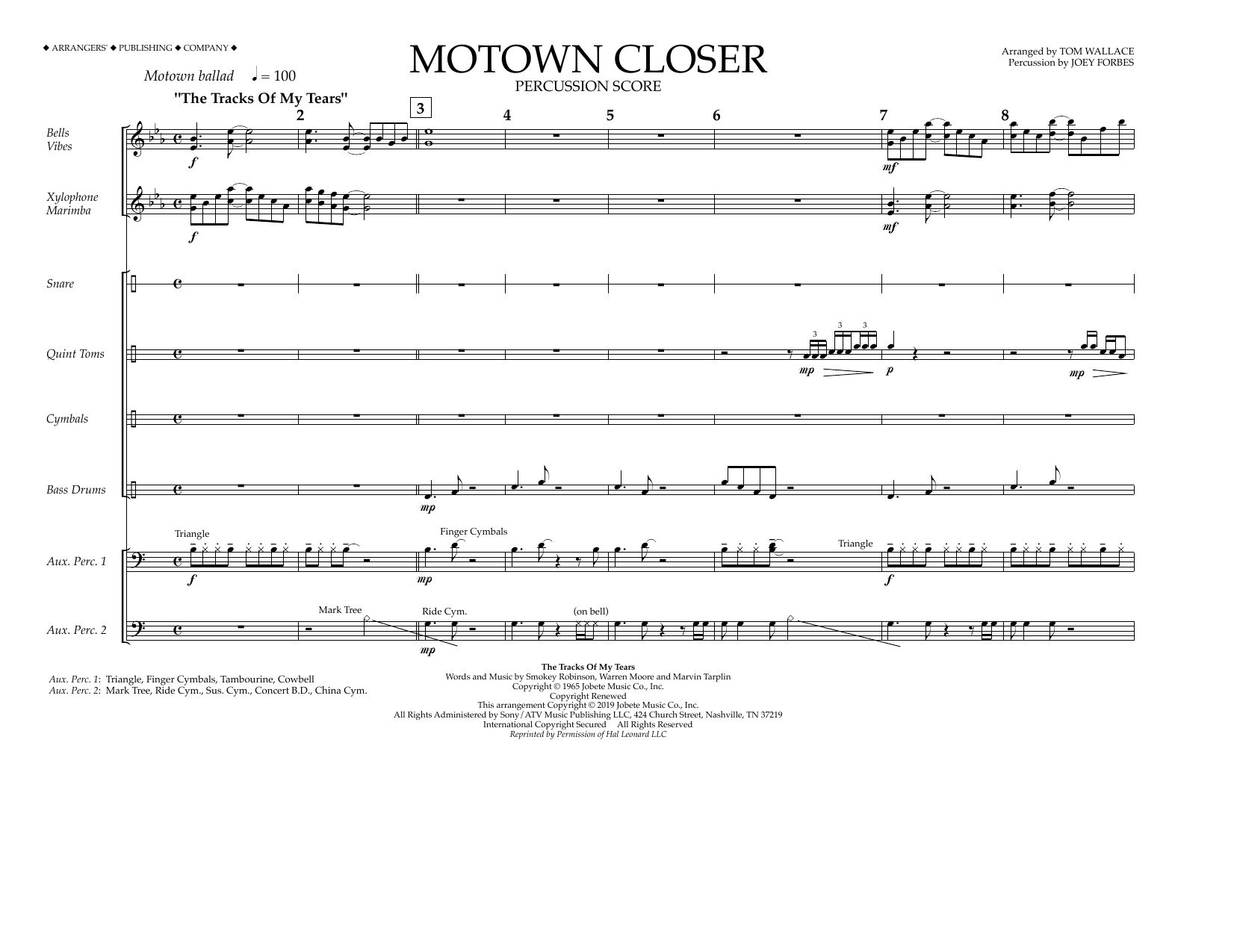 Smokey Robinson Motown Closer (arr. Tom Wallace) - Percussion Score sheet music notes and chords arranged for Marching Band