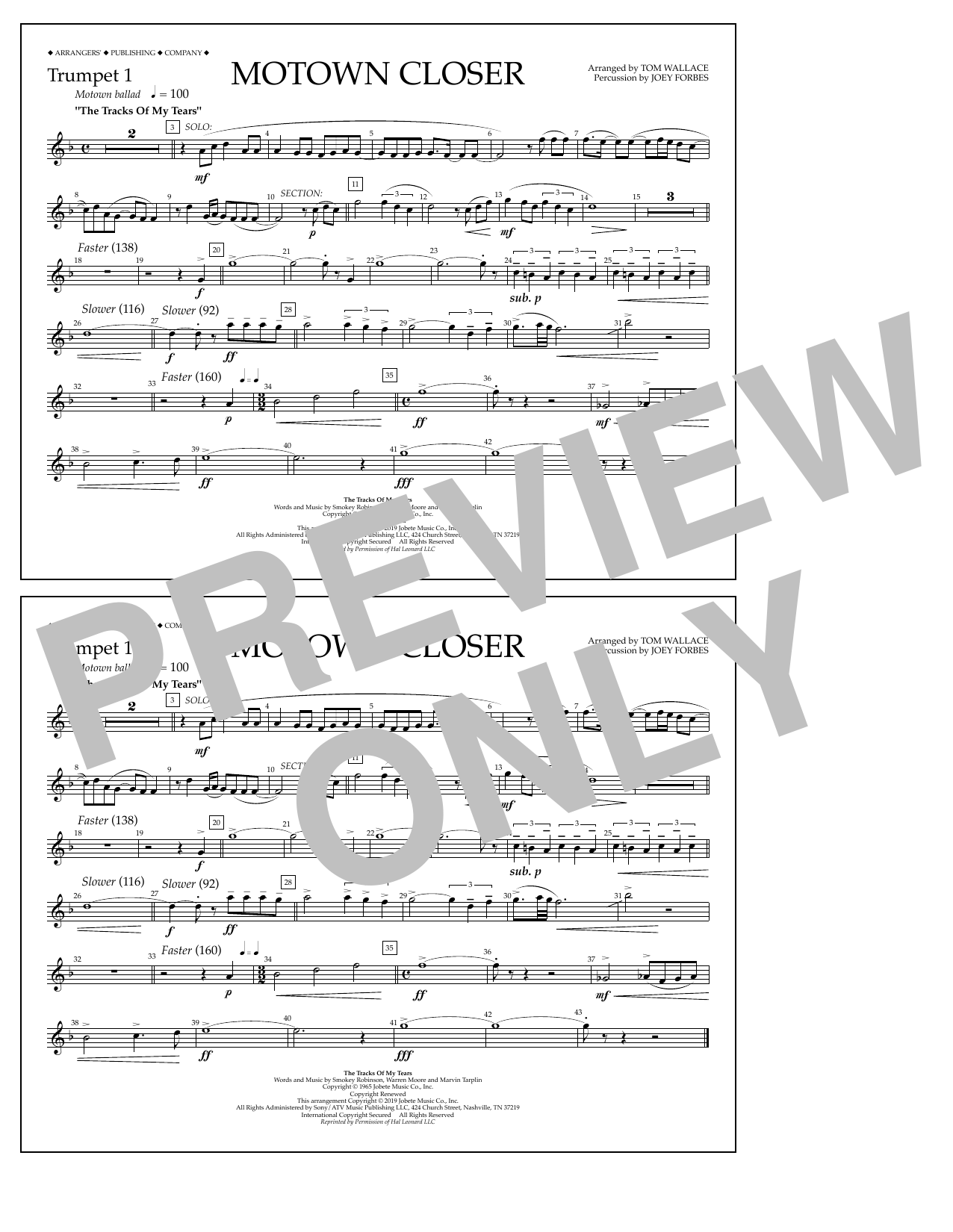 Smokey Robinson Motown Closer (arr. Tom Wallace) - Trumpet 1 sheet music notes and chords arranged for Marching Band