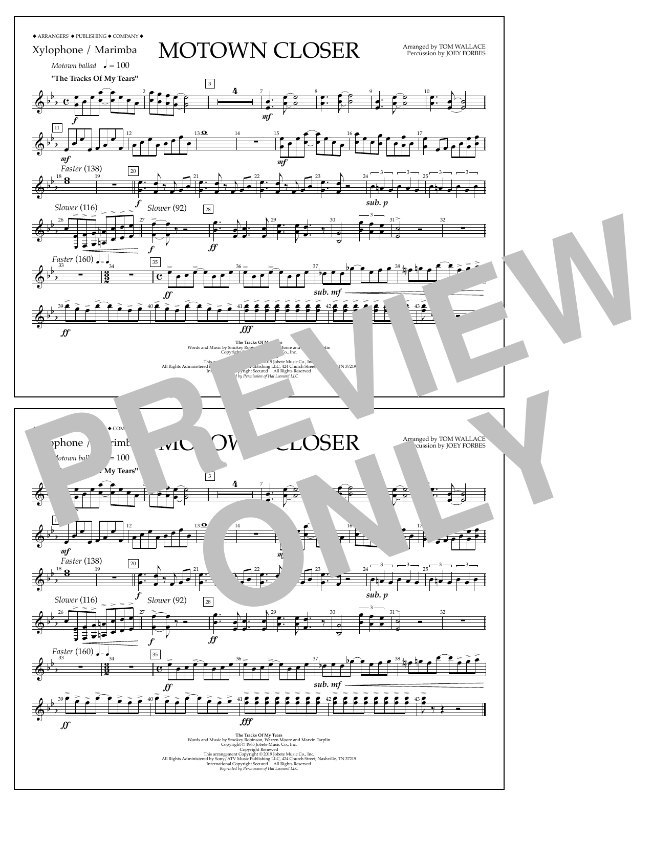 Smokey Robinson Motown Closer (arr. Tom Wallace) - Xylophone/Marimba sheet music notes and chords arranged for Marching Band