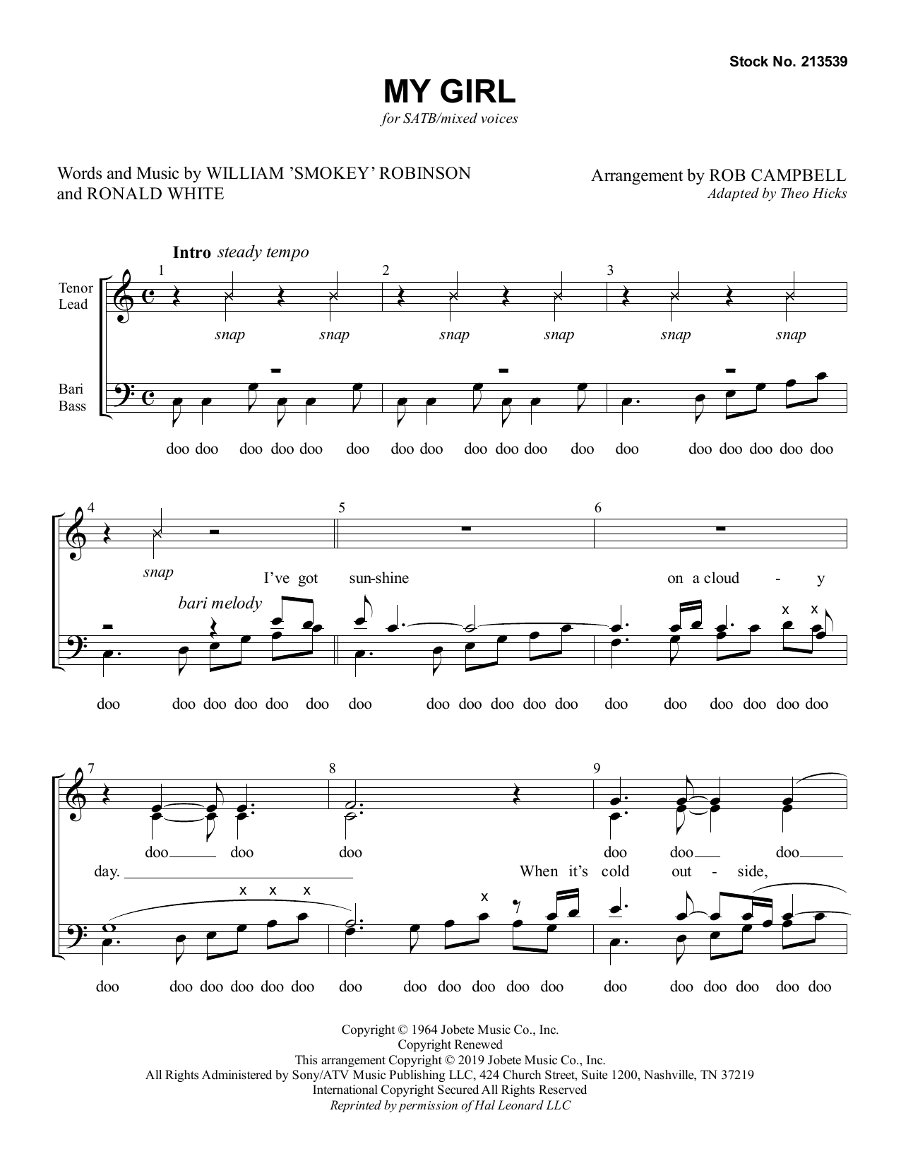 Smokey Robinson My Girl (arr. Rob Campbell) sheet music notes and chords arranged for TTBB Choir