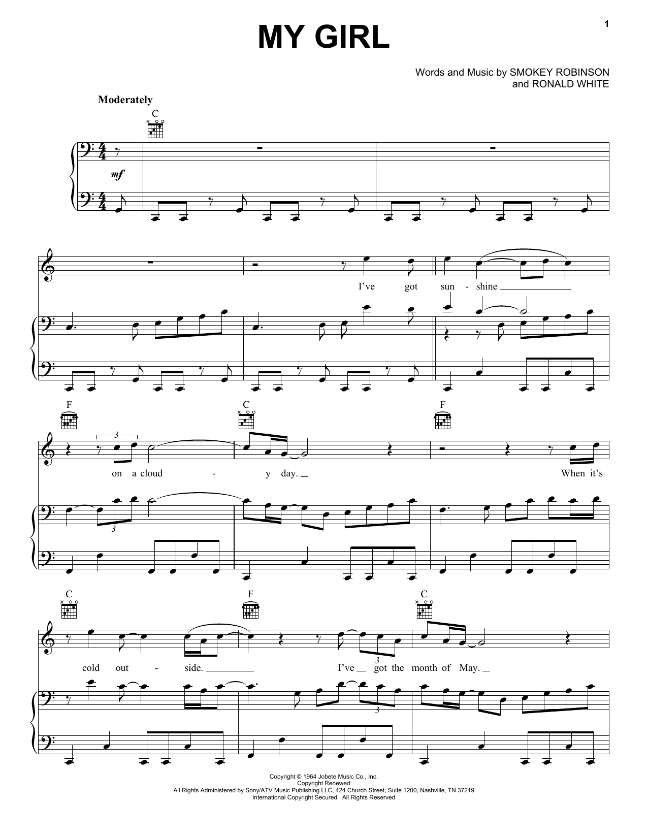 Smokey Robinson My Girl sheet music notes and chords arranged for Piano, Vocal & Guitar Chords (Right-Hand Melody)