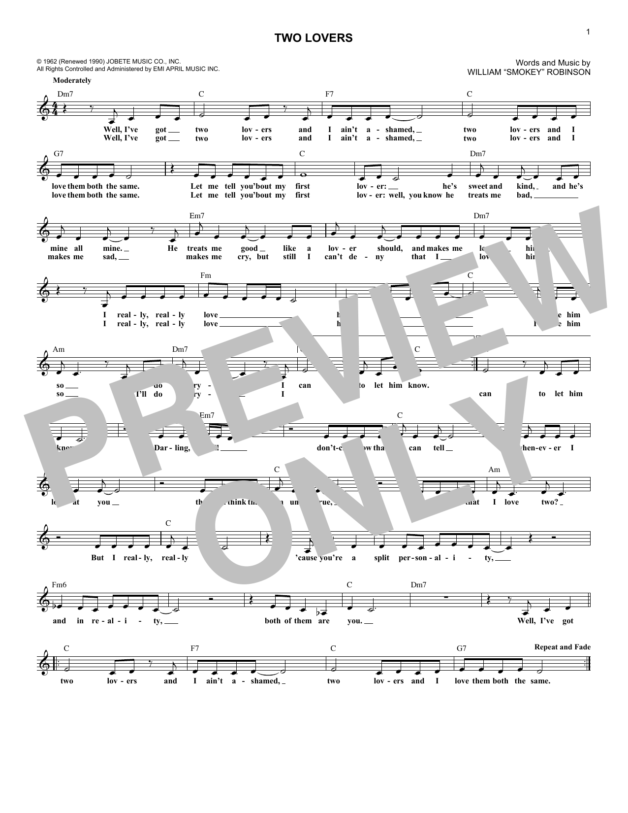 Smokey Robinson Two Lovers sheet music notes and chords arranged for Lead Sheet / Fake Book