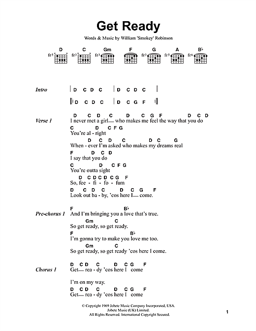 Smokey Robinson Get Ready sheet music notes and chords arranged for Guitar Chords/Lyrics