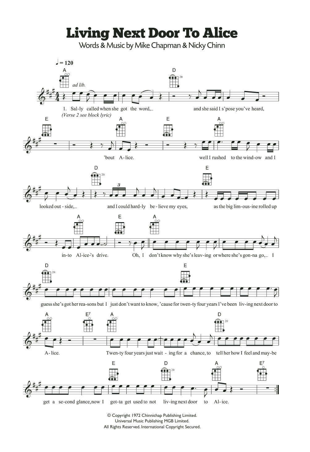 Smokie Living Next Door To Alice sheet music notes and chords arranged for Ukulele