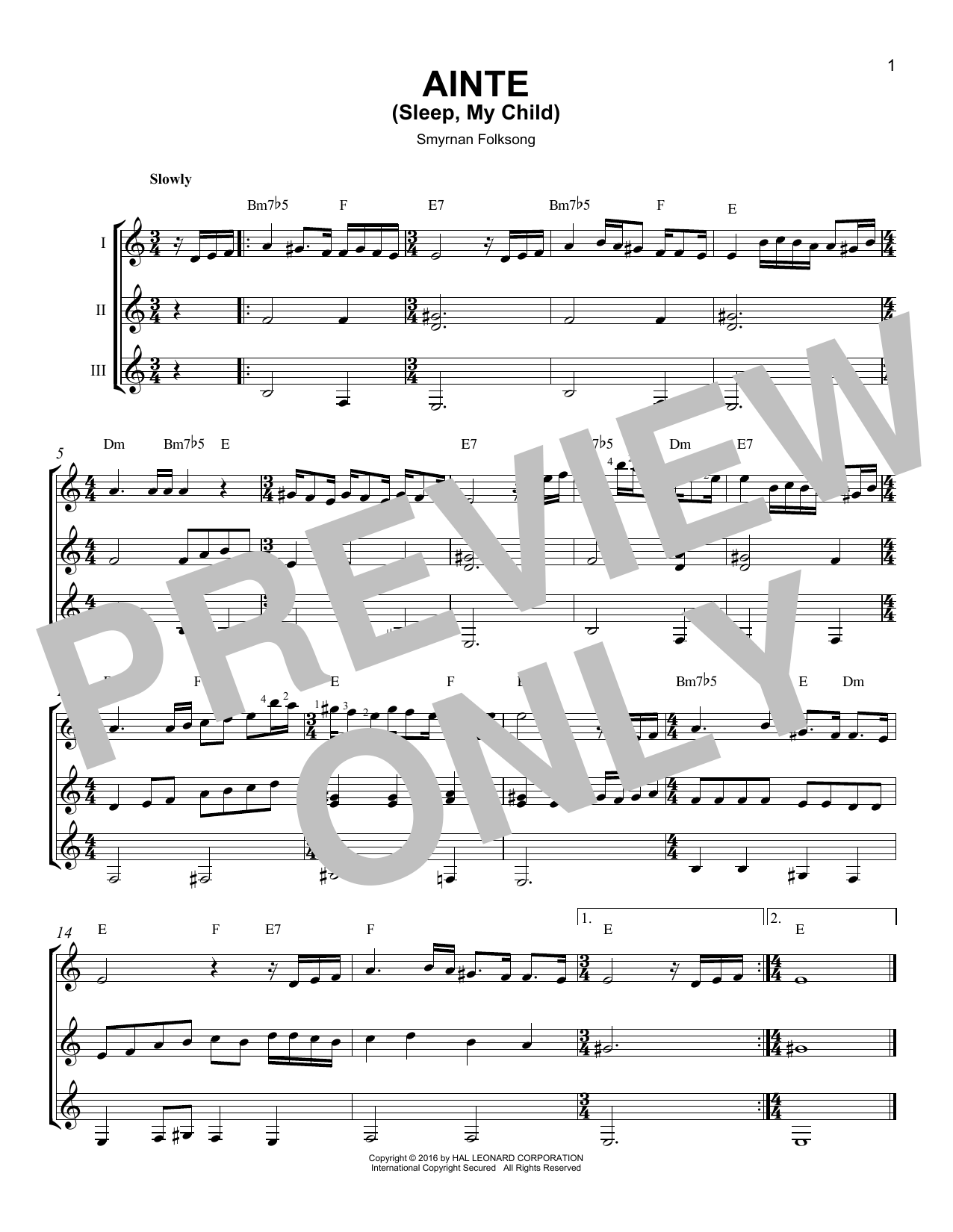 Smyrnan Folksong Ainte (Sleep, My Child) sheet music notes and chords arranged for Guitar Ensemble
