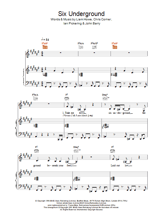 Sneaker Pimps Six Underground sheet music notes and chords arranged for Piano, Vocal & Guitar Chords