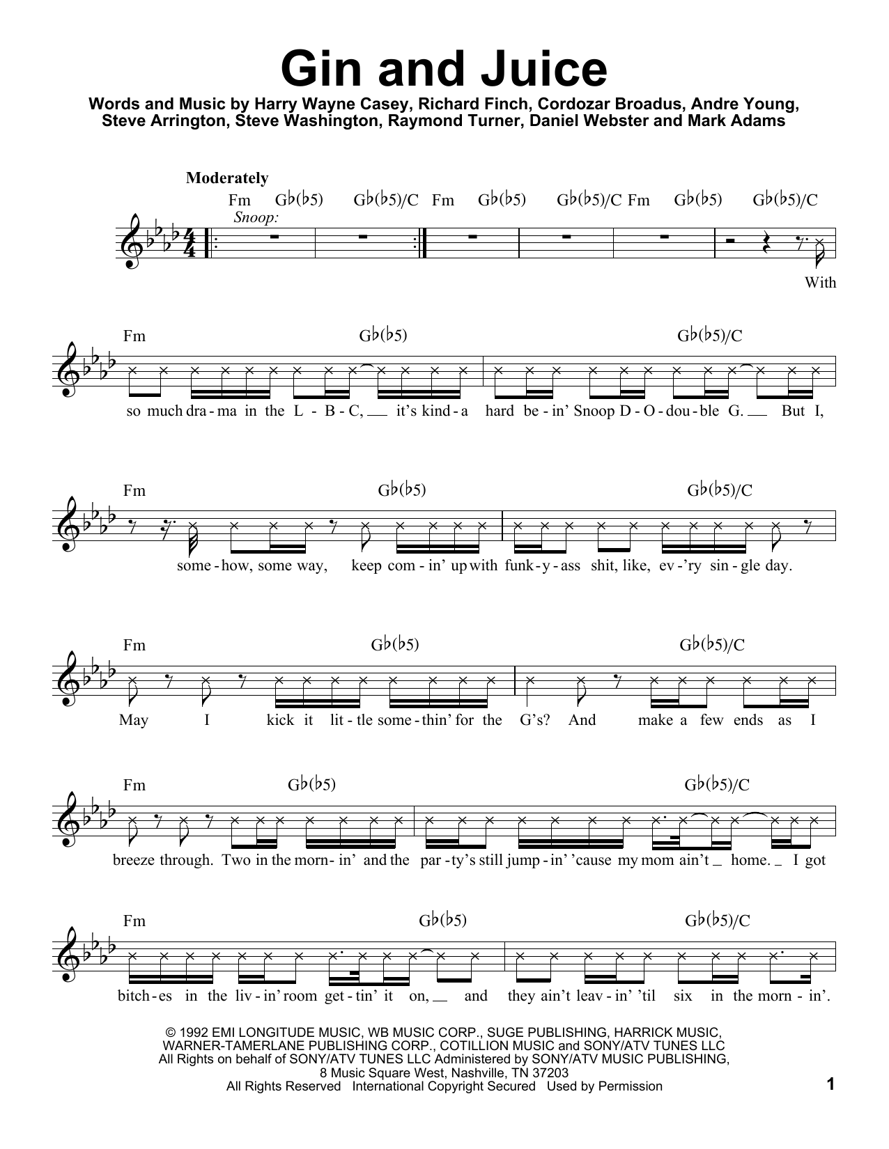 Snoop Dog Gin And Juice sheet music notes and chords arranged for Pro Vocal