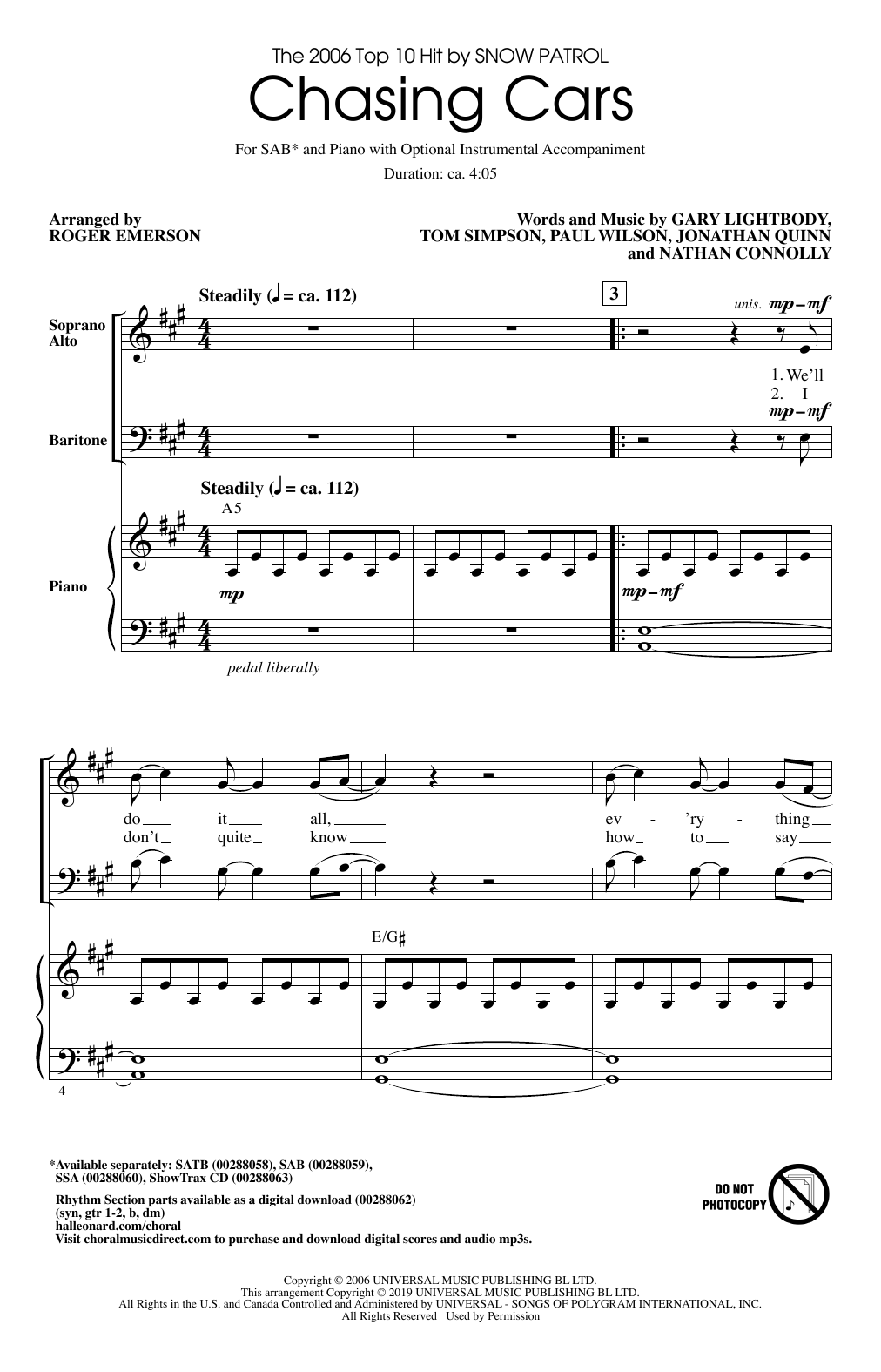 Snow Patrol Chasing Cars (arr. Roger Emerson) sheet music notes and chords arranged for SSA Choir