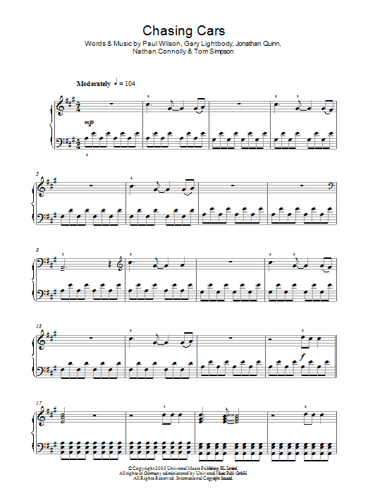 Snow Patrol Chasing Cars sheet music notes and chords arranged for Piano Chords/Lyrics