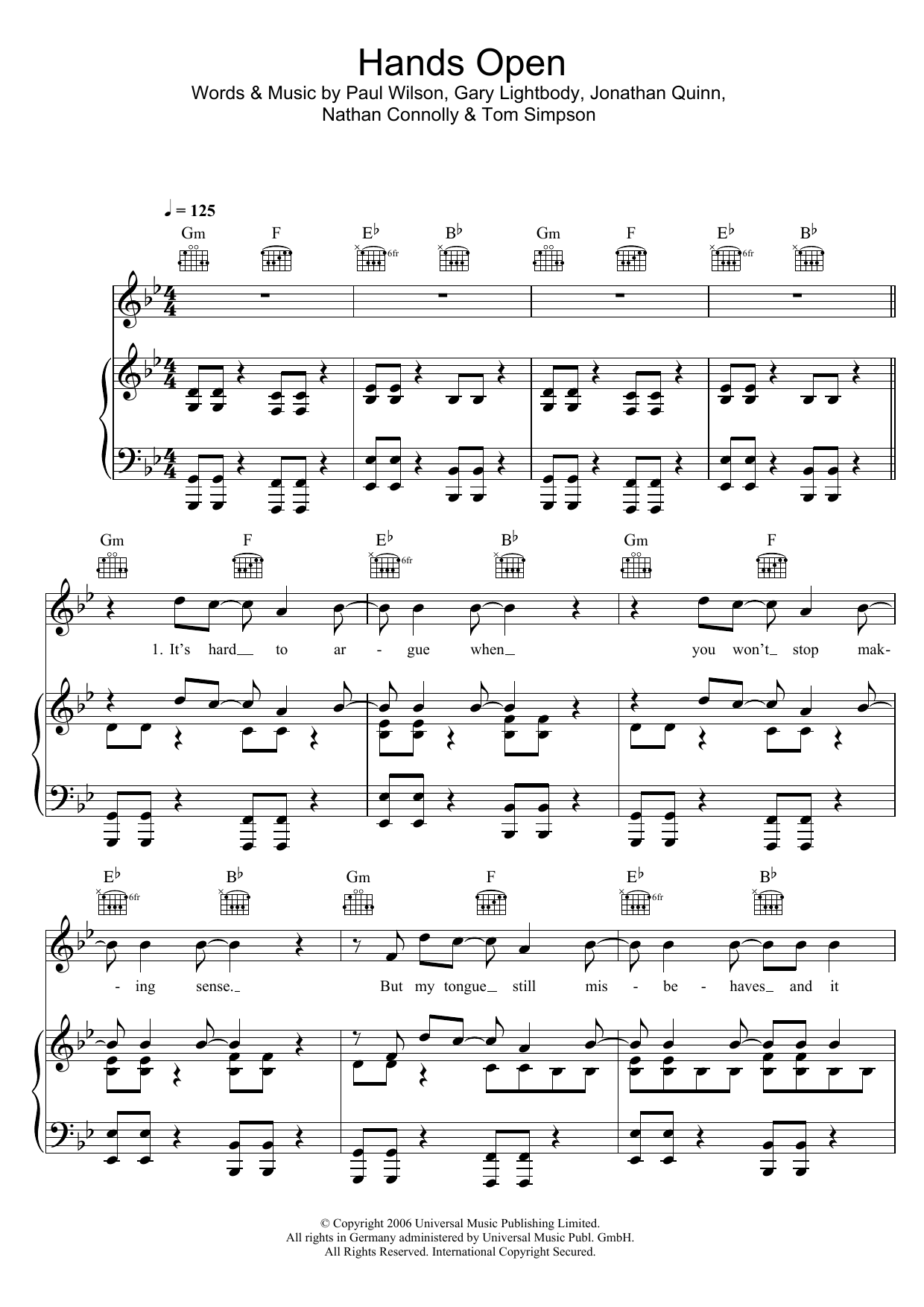 Snow Patrol Hands Open sheet music notes and chords arranged for Piano, Vocal & Guitar Chords