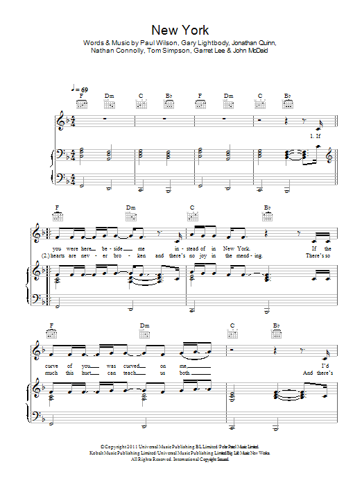 Snow Patrol New York sheet music notes and chords arranged for Piano, Vocal & Guitar Chords