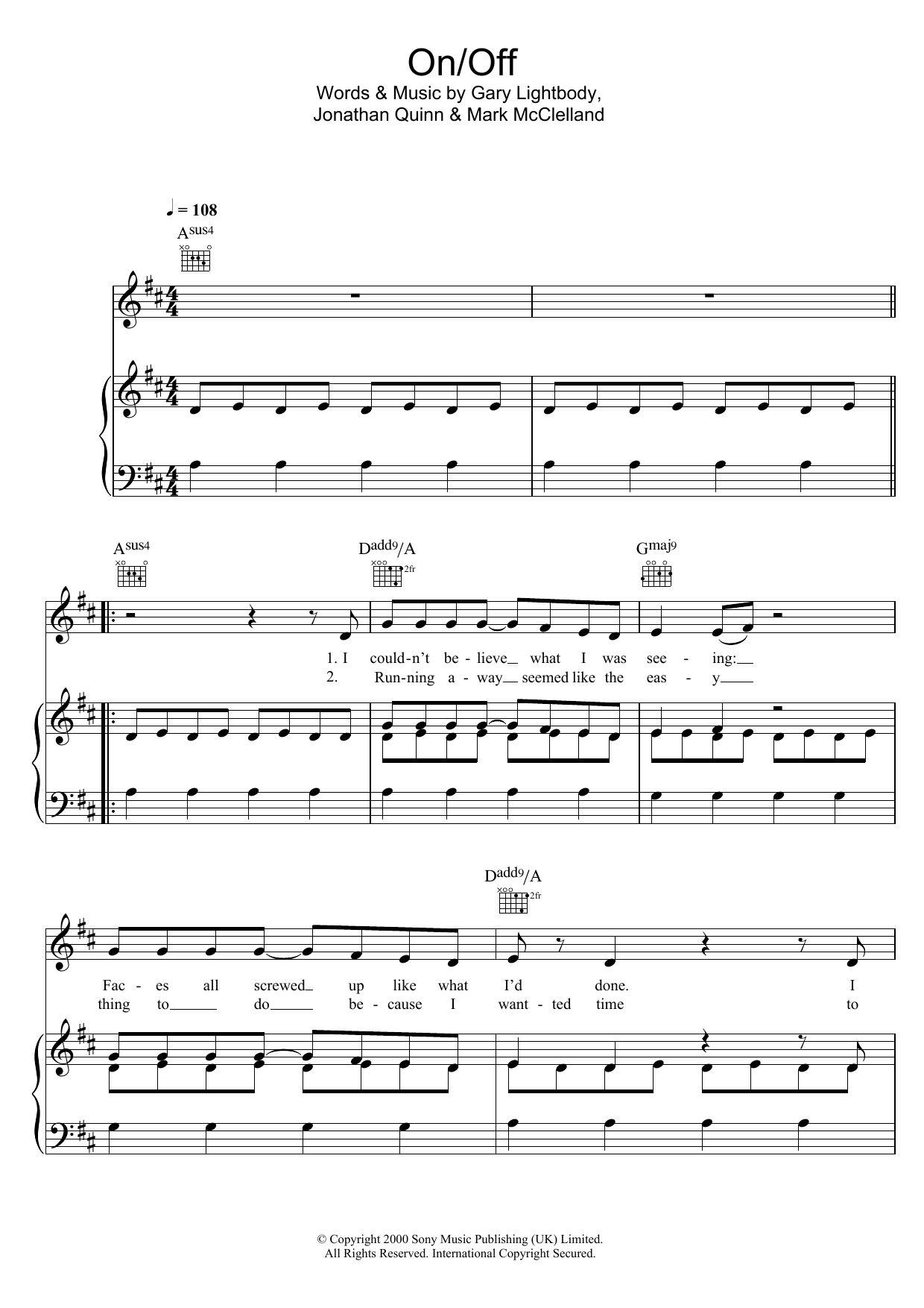 Snow Patrol On Off sheet music notes and chords arranged for Piano, Vocal & Guitar Chords