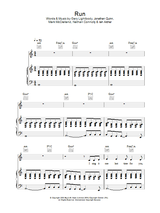 Snow Patrol Run sheet music notes and chords arranged for Piano Chords/Lyrics