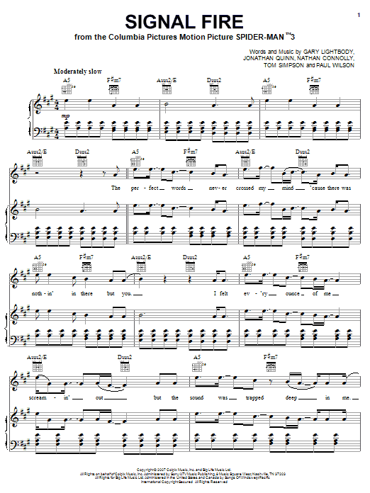 Snow Patrol Signal Fire sheet music notes and chords arranged for Piano, Vocal & Guitar Chords (Right-Hand Melody)