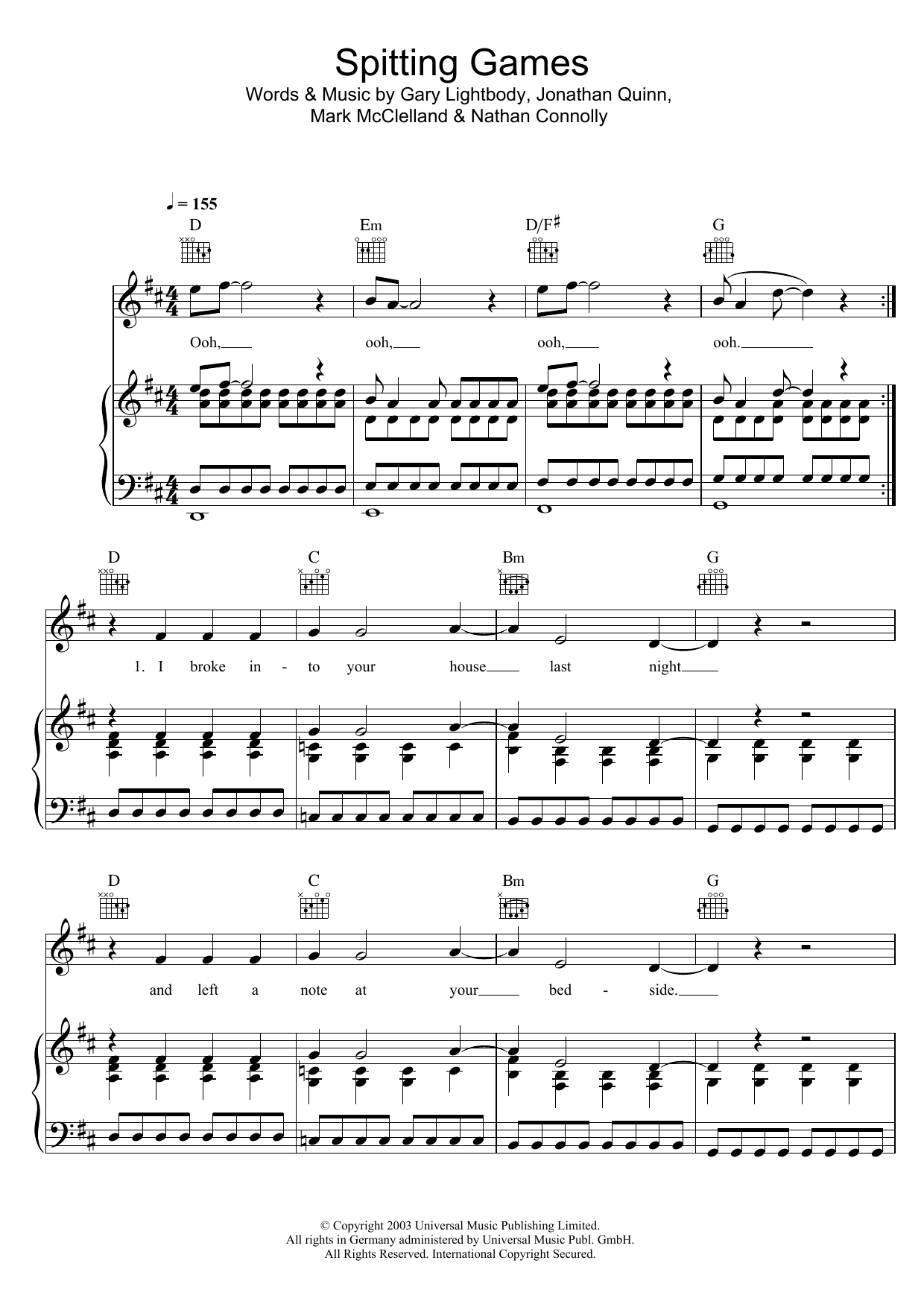Snow Patrol Spitting Games sheet music notes and chords arranged for Piano, Vocal & Guitar Chords