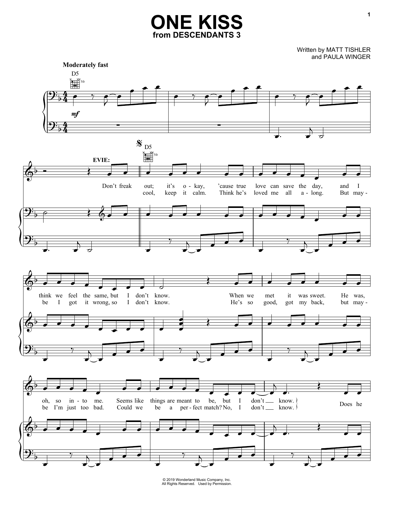 Sofia Carson One Kiss (from Disney's Descendants 3) sheet music notes and chords arranged for Piano, Vocal & Guitar Chords (Right-Hand Melody)