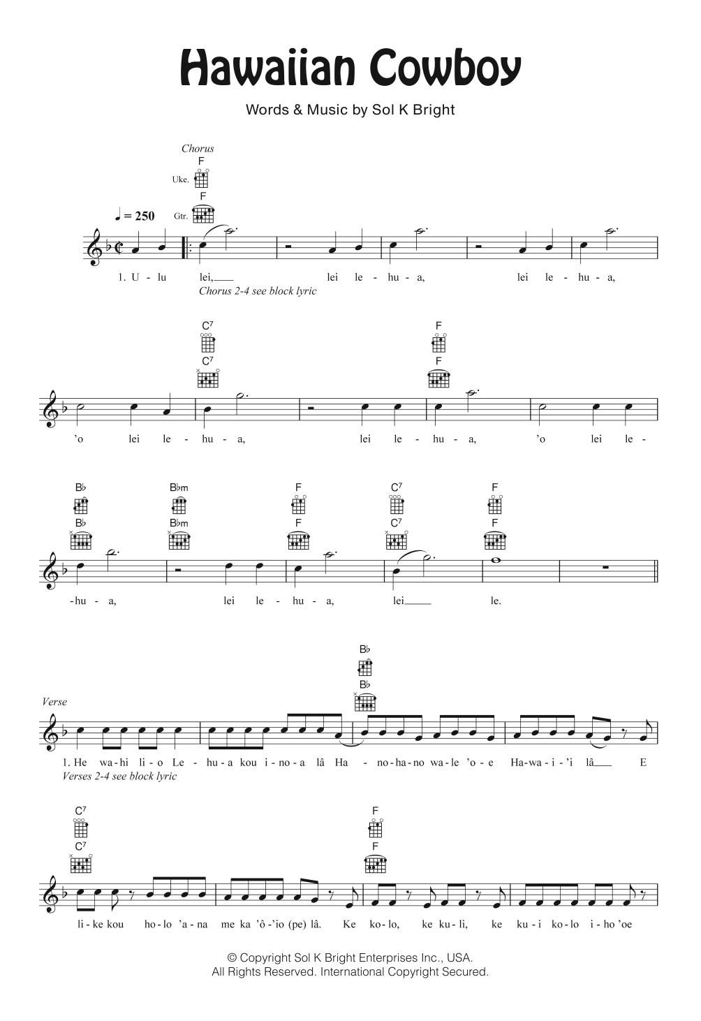 Sol K. Bright’s Hollywaiians Hawaiian Cowboy sheet music notes and chords arranged for Ukulele