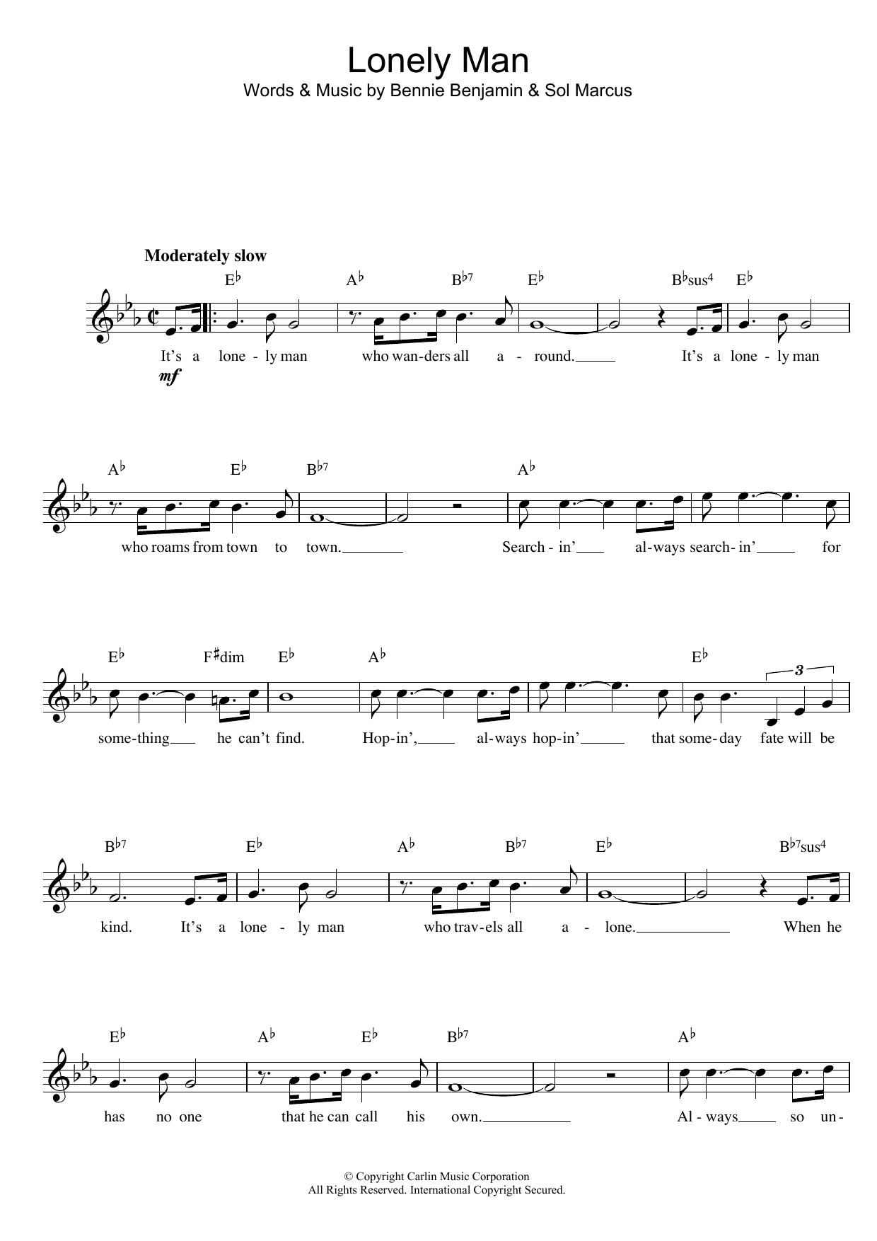 Bennie Benjamin and Sol Marcus Lonely Man sheet music notes and chords arranged for Lead Sheet / Fake Book