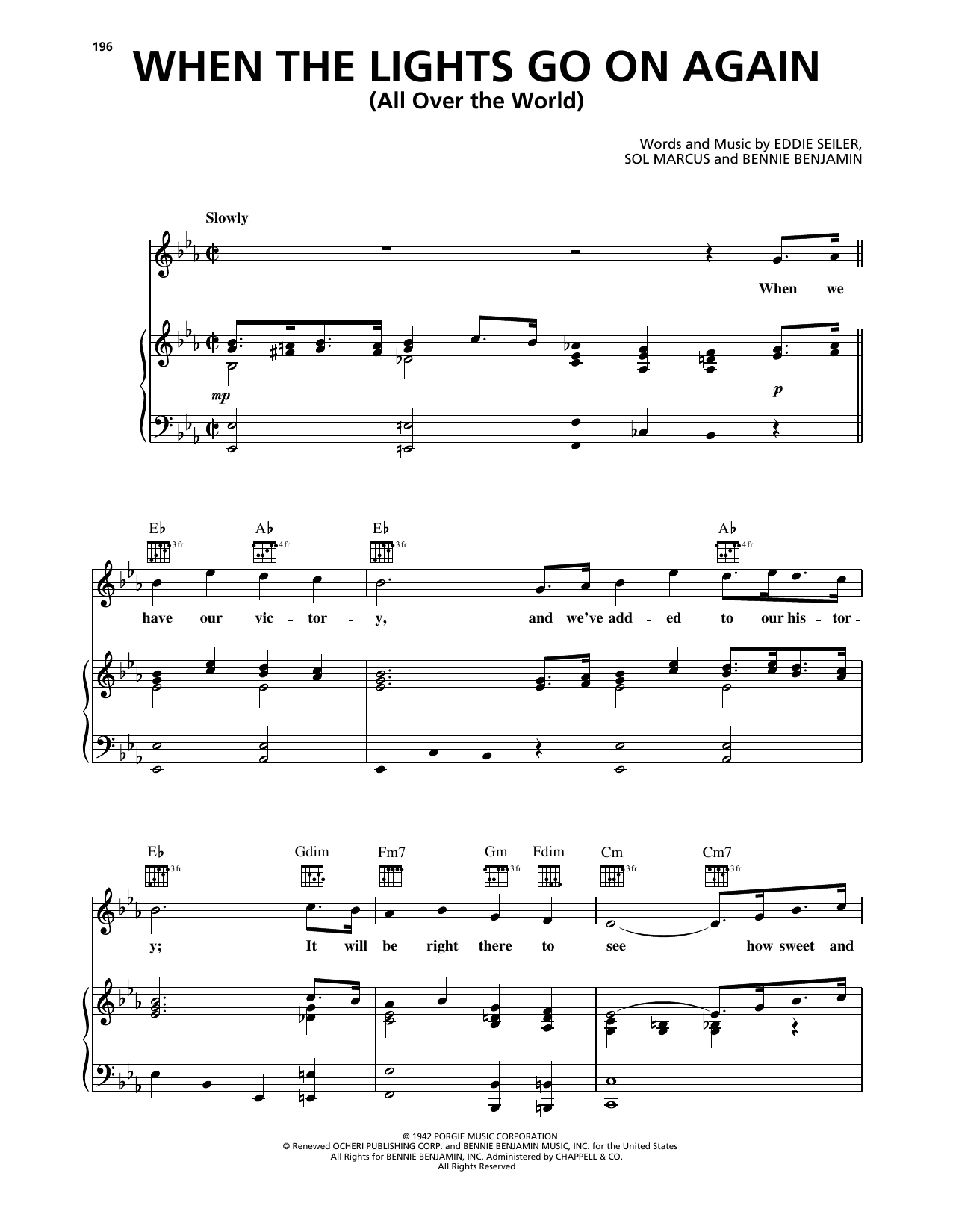 Sol Marcus When The Lights Go On Again (All Over The World) sheet music notes and chords arranged for Piano, Vocal & Guitar Chords (Right-Hand Melody)