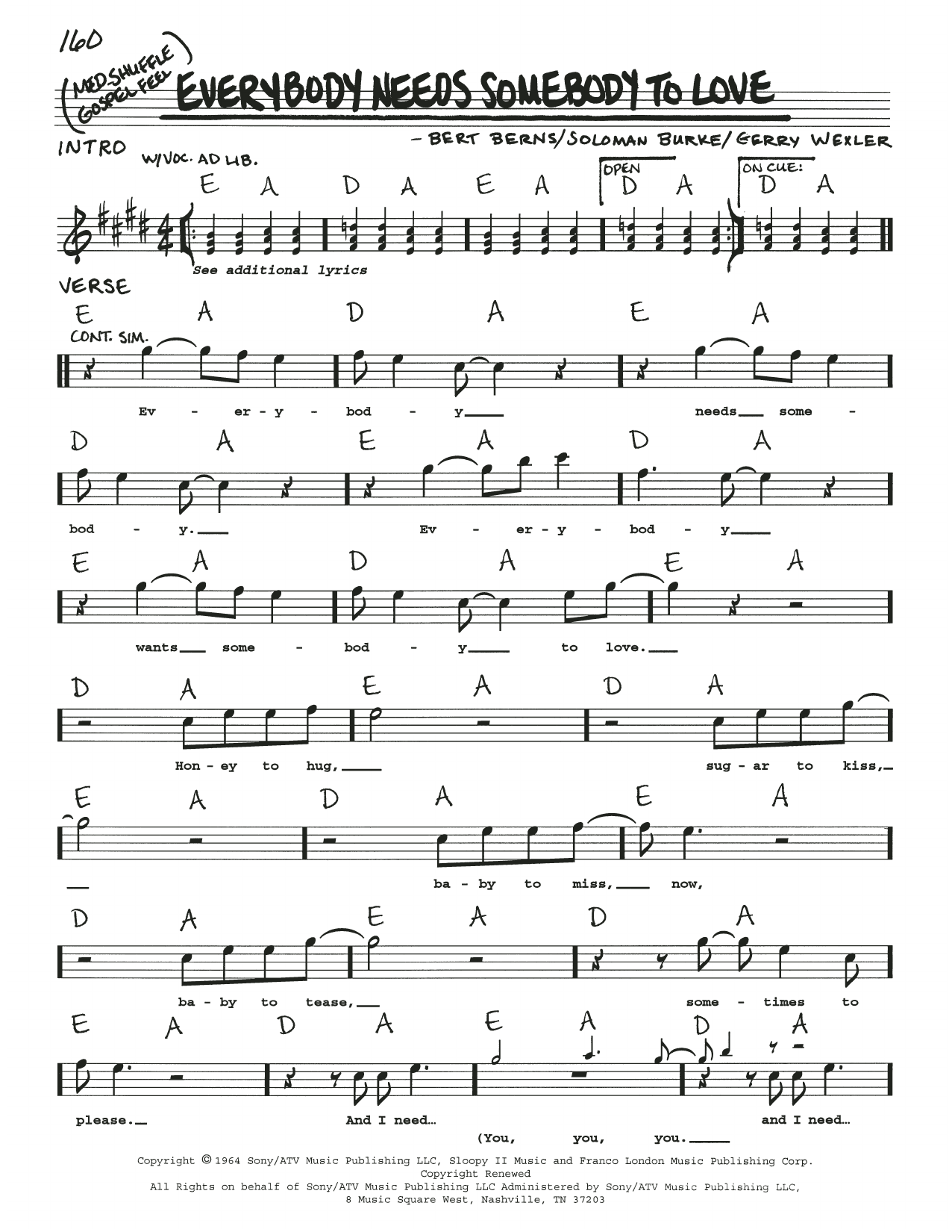 Soloman Burke Everybody Needs Somebody To Love sheet music notes and chords arranged for Real Book – Melody, Lyrics & Chords