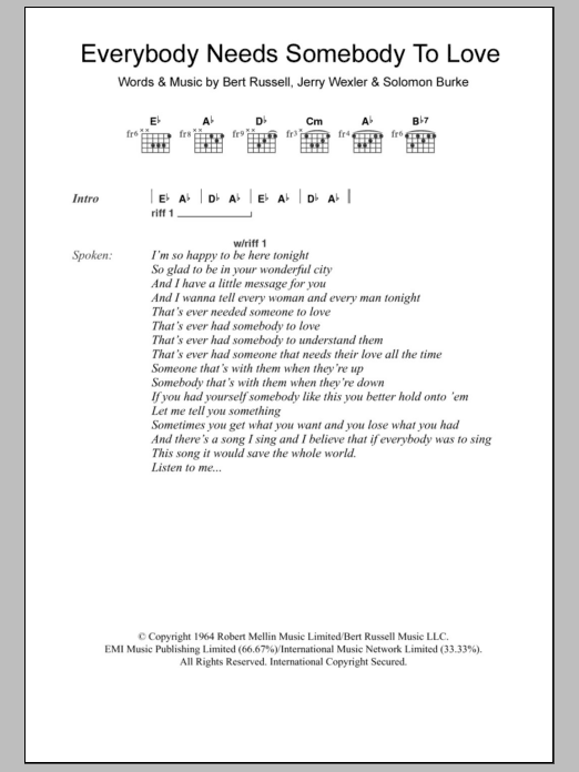 Solomon Burke Everybody Needs Somebody To Love sheet music notes and chords arranged for Guitar Chords/Lyrics