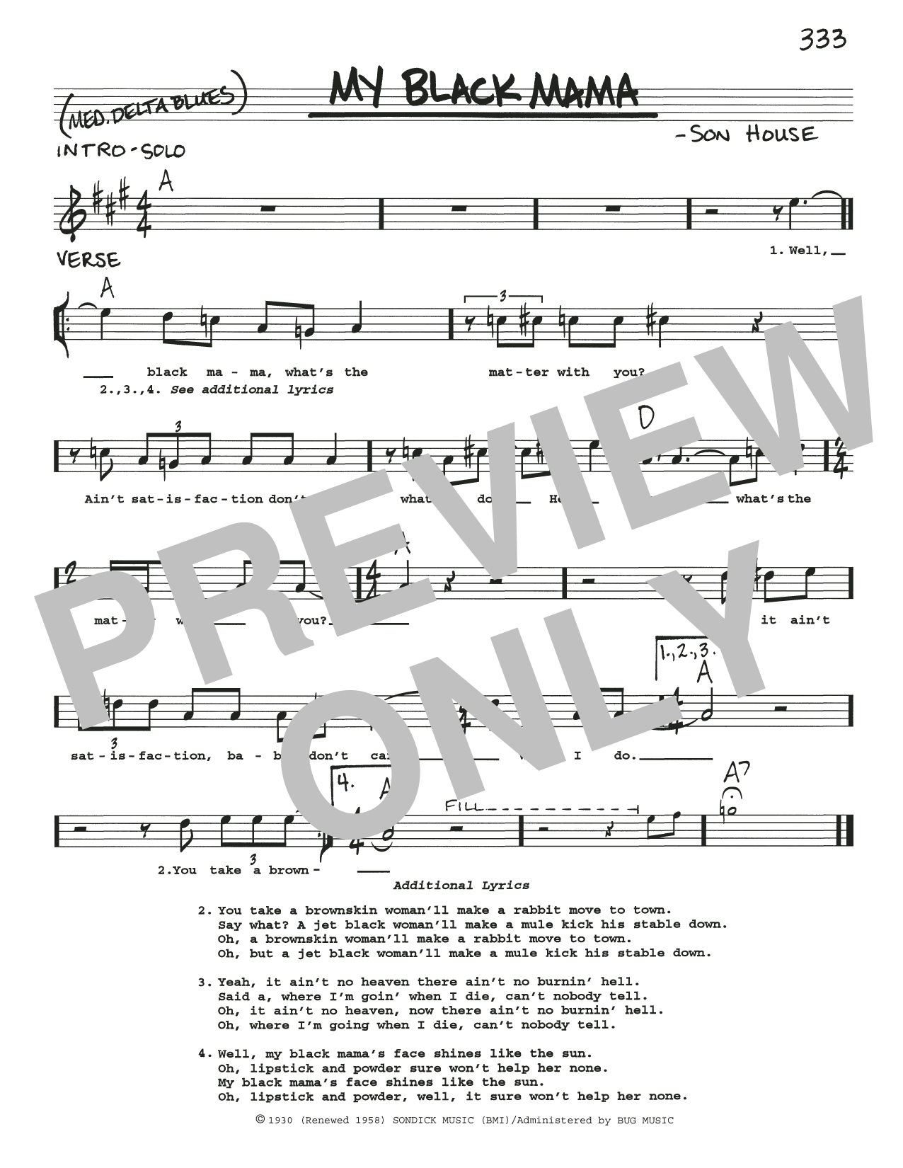 Son House My Black Mama sheet music notes and chords arranged for Real Book – Melody, Lyrics & Chords