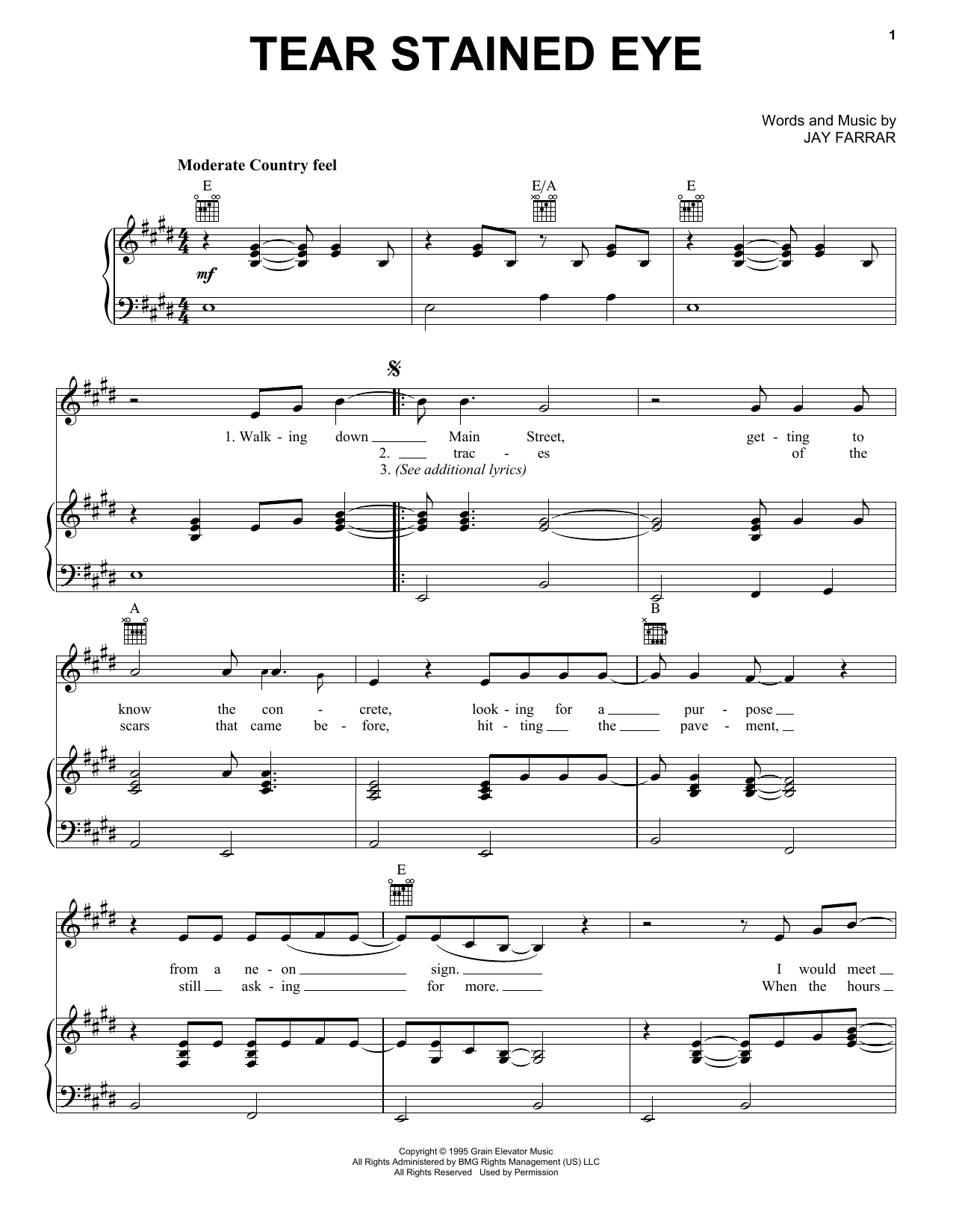 Son Volt Tear Stained Eye sheet music notes and chords arranged for Piano, Vocal & Guitar Chords (Right-Hand Melody)