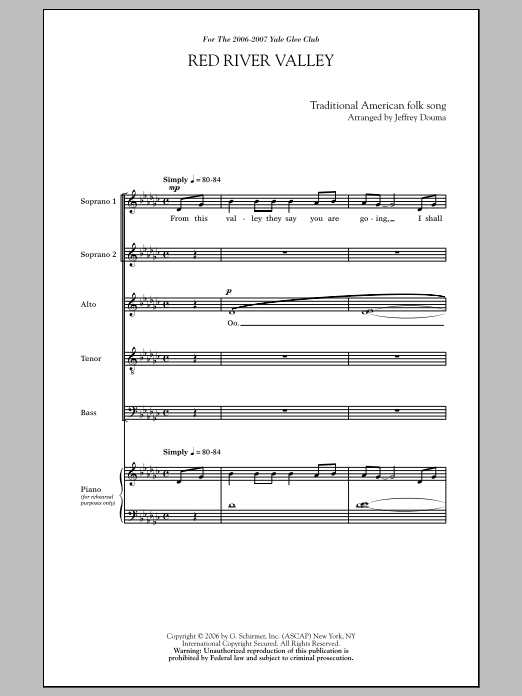 Songrey Douma Red River Valley sheet music notes and chords arranged for SATB Choir