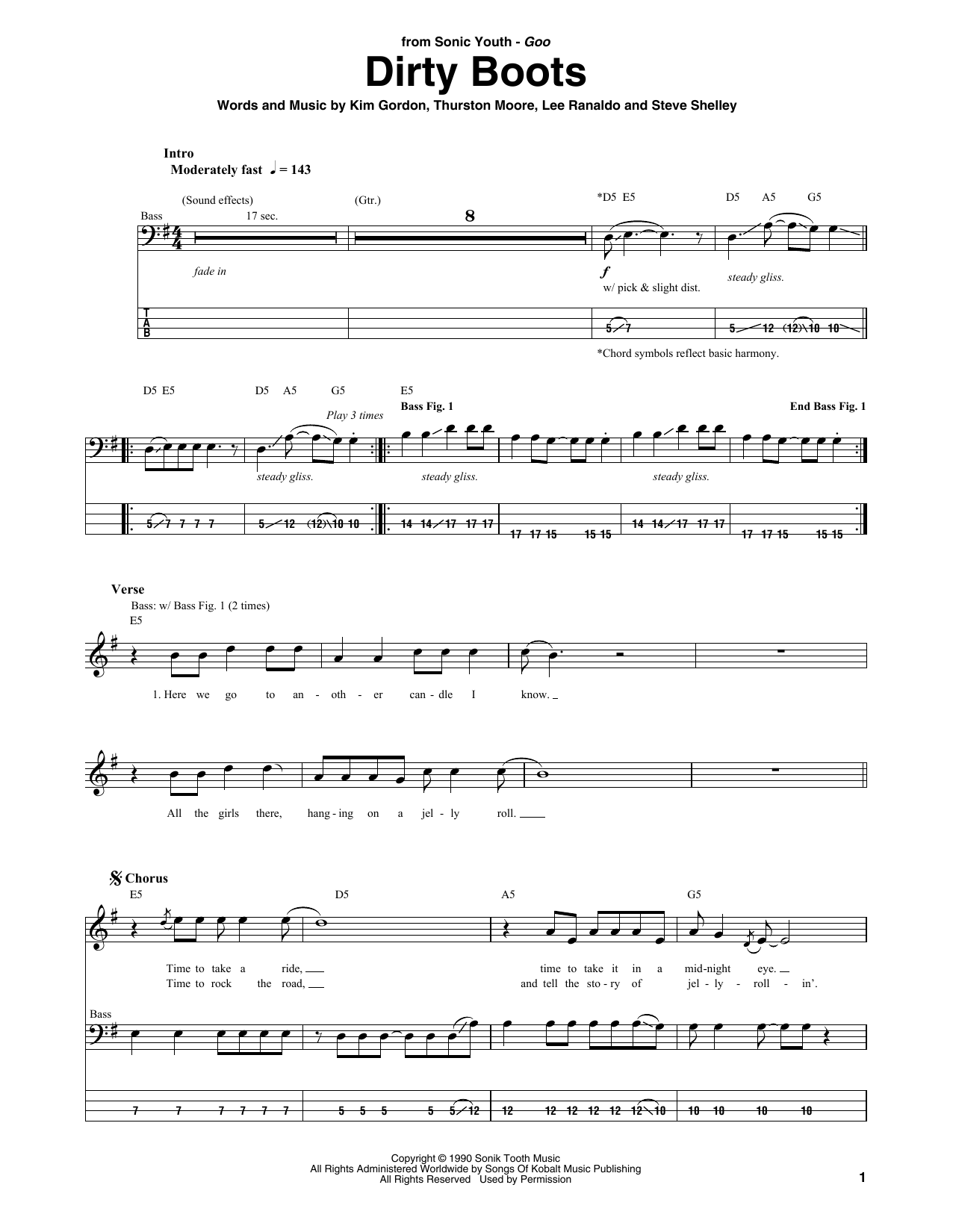 Sonic Youth Dirty Boots sheet music notes and chords arranged for Bass Guitar Tab