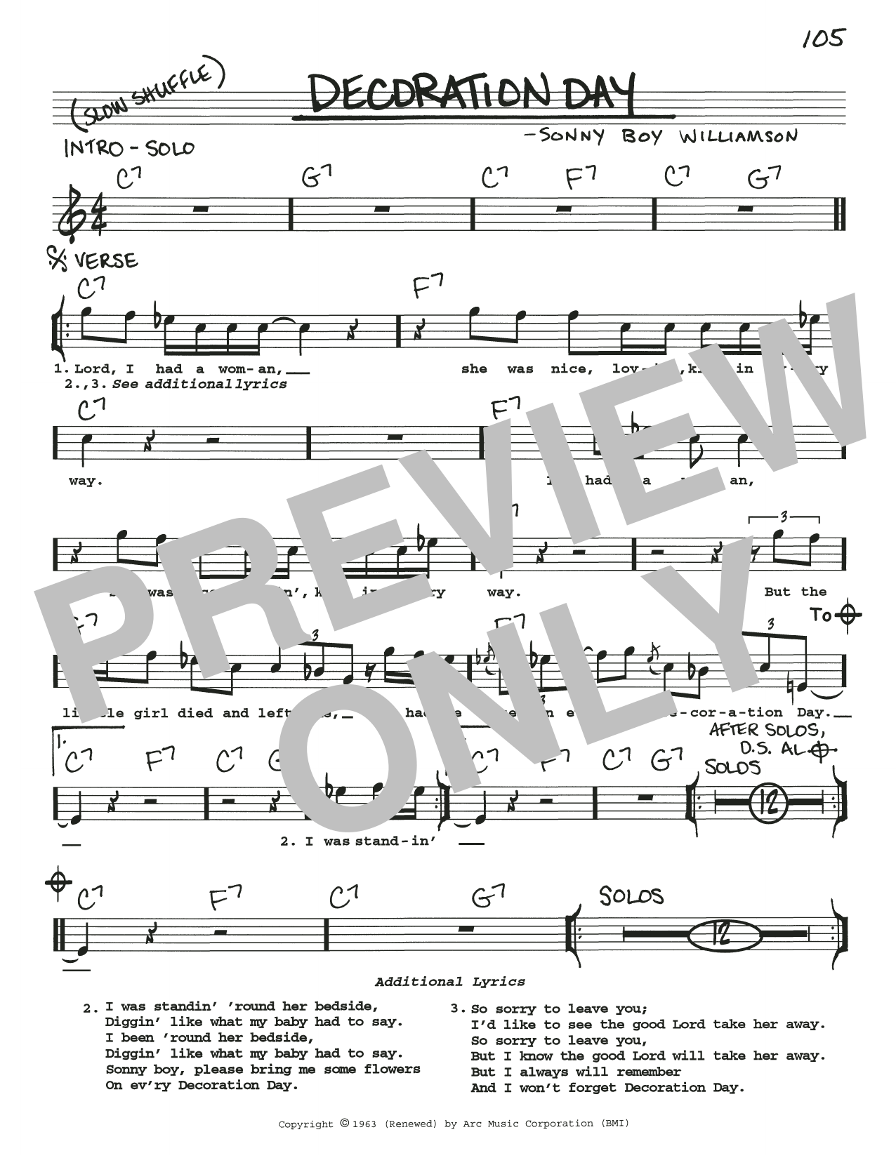Sonny Boy Williamson Decoration Day sheet music notes and chords arranged for Real Book – Melody, Lyrics & Chords